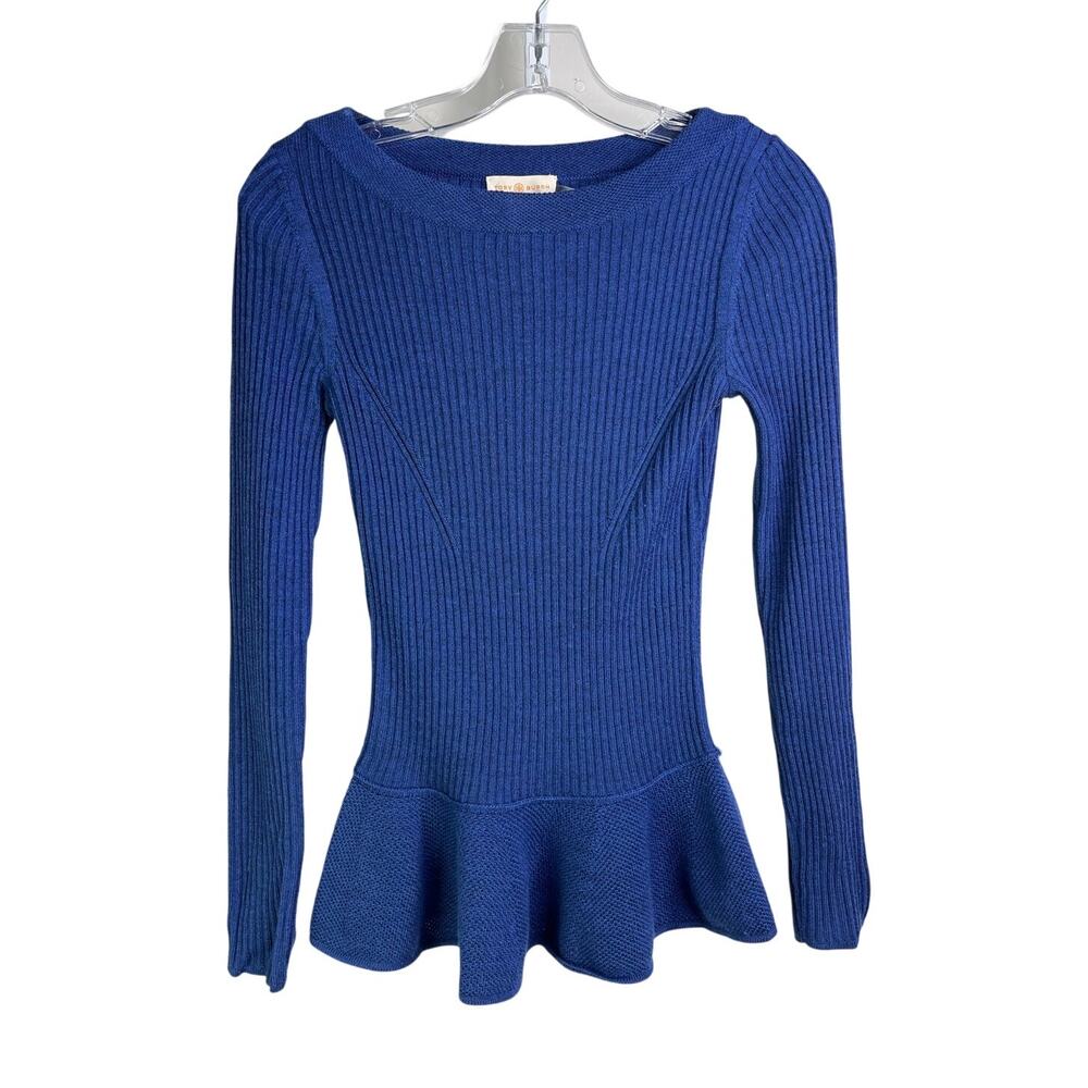 Tory Burch Wool Sweater Wmns Sz S Boatneck Long Sleeve‎ Peplum Waist Blue
